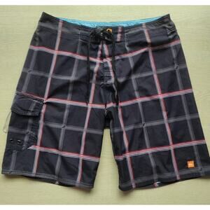 QUICKSILVER BOARD SHORTS-Black-Plaid-Waterman Collection-Size Small/32" Waist